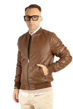 Blouson bomber matelassé style universitaire, aspect cuir | Marron