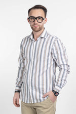 Camicia Riga Larga Tessuto Effetto Lino Slim | Beige e Verde