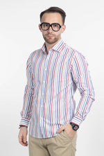 Camicia Riga Larga Tessuto Effetto Lino Slim | Blu e Rosso