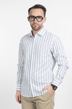 Camicia Riga Larga Tessuto Effetto Lino Slim | Celeste e Beige