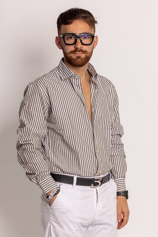 Camisa Rayas Anchas Semi Slim 100% Algodón | Verde oliva