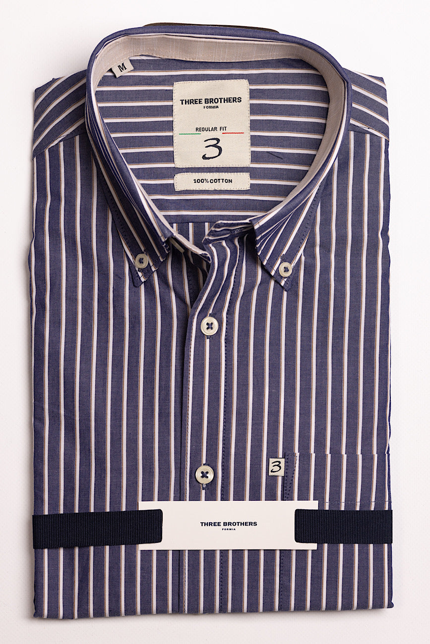 Regular Fit Blue-Beige Mixed Stripe Shirt