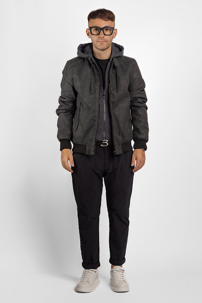 Faux Leather Bomber with Removable Hood | Black