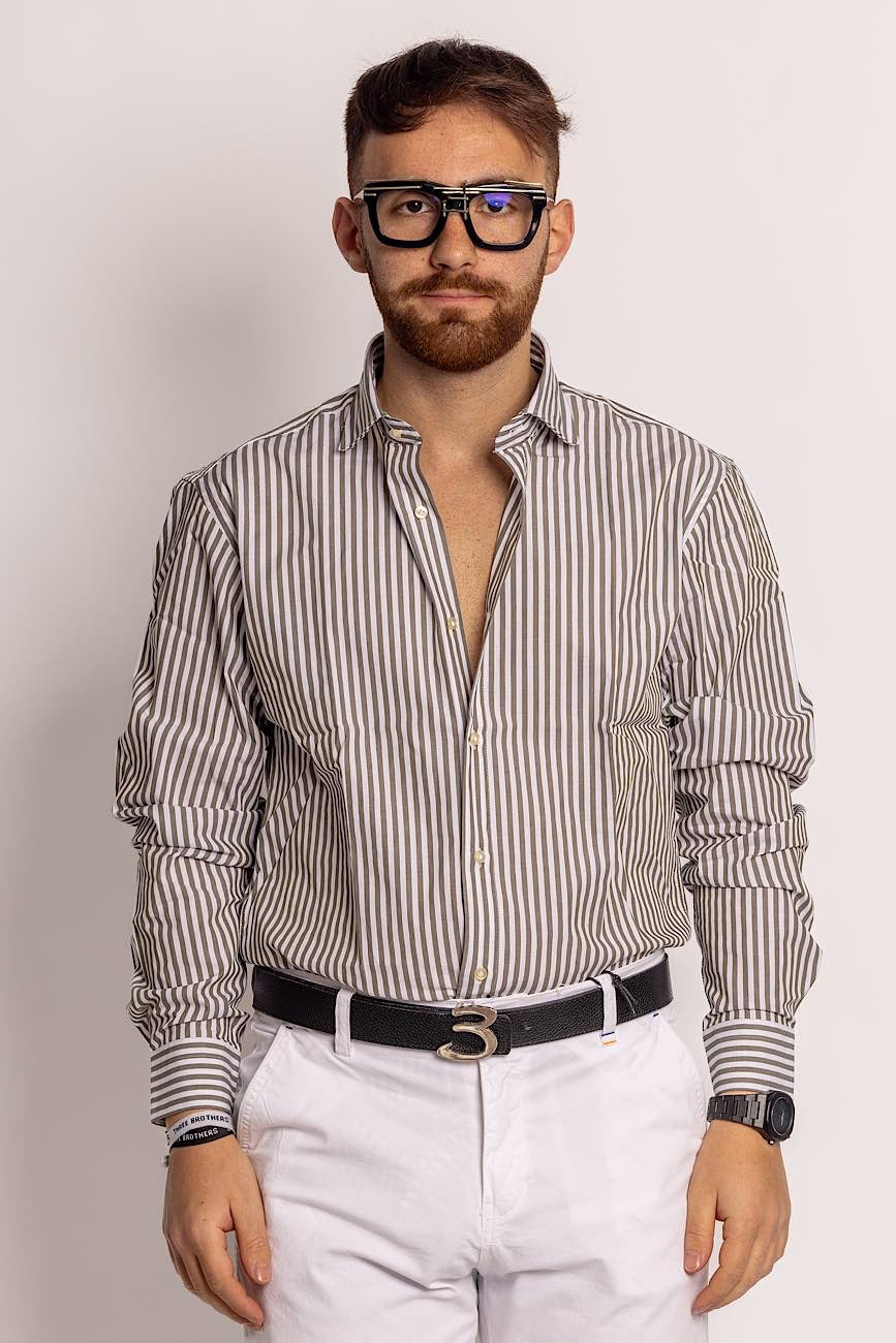 100% Cotton Semi Slim Wide Striped Shirt | Olive green