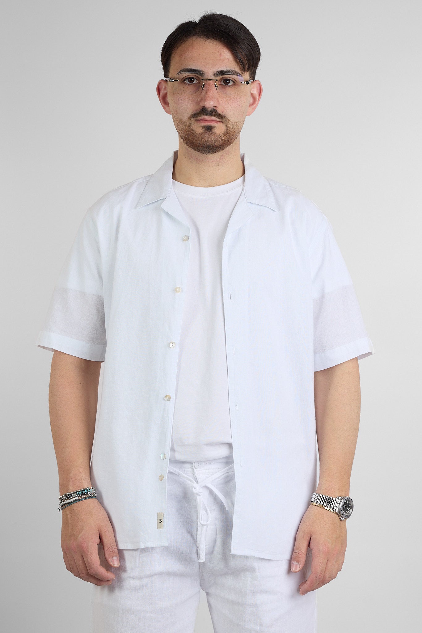 Camicia Mezza Manica Bowling Misto Lino | Bianco