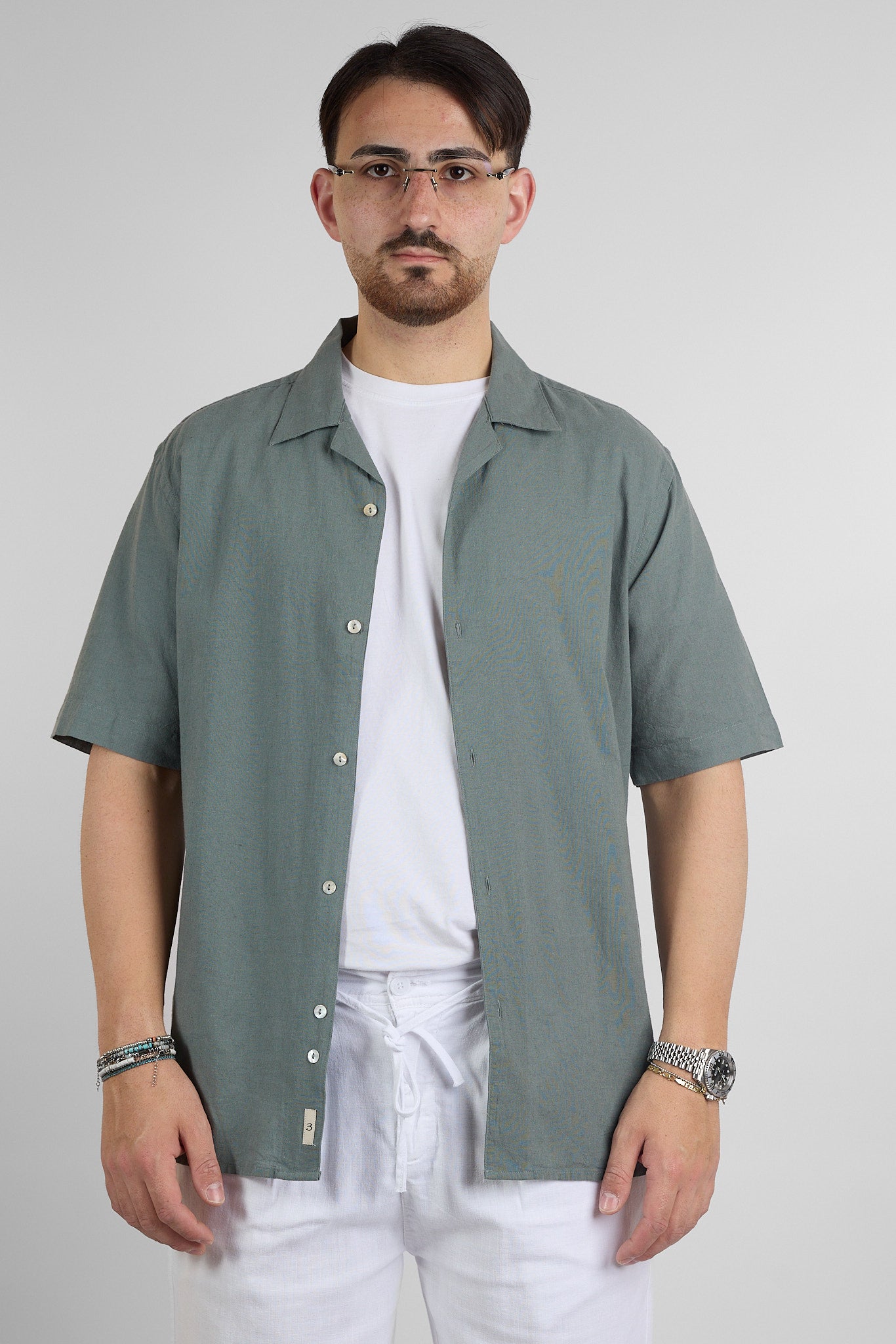 Camicia Mezza Manica Bowling Misto Lino | Verde