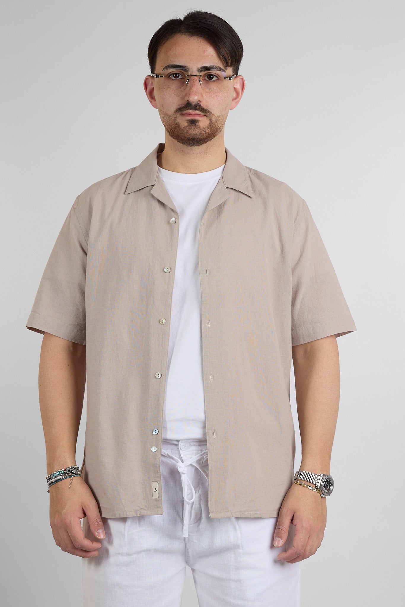 Camicia Mezza Manica Bowling Misto Lino | Beige