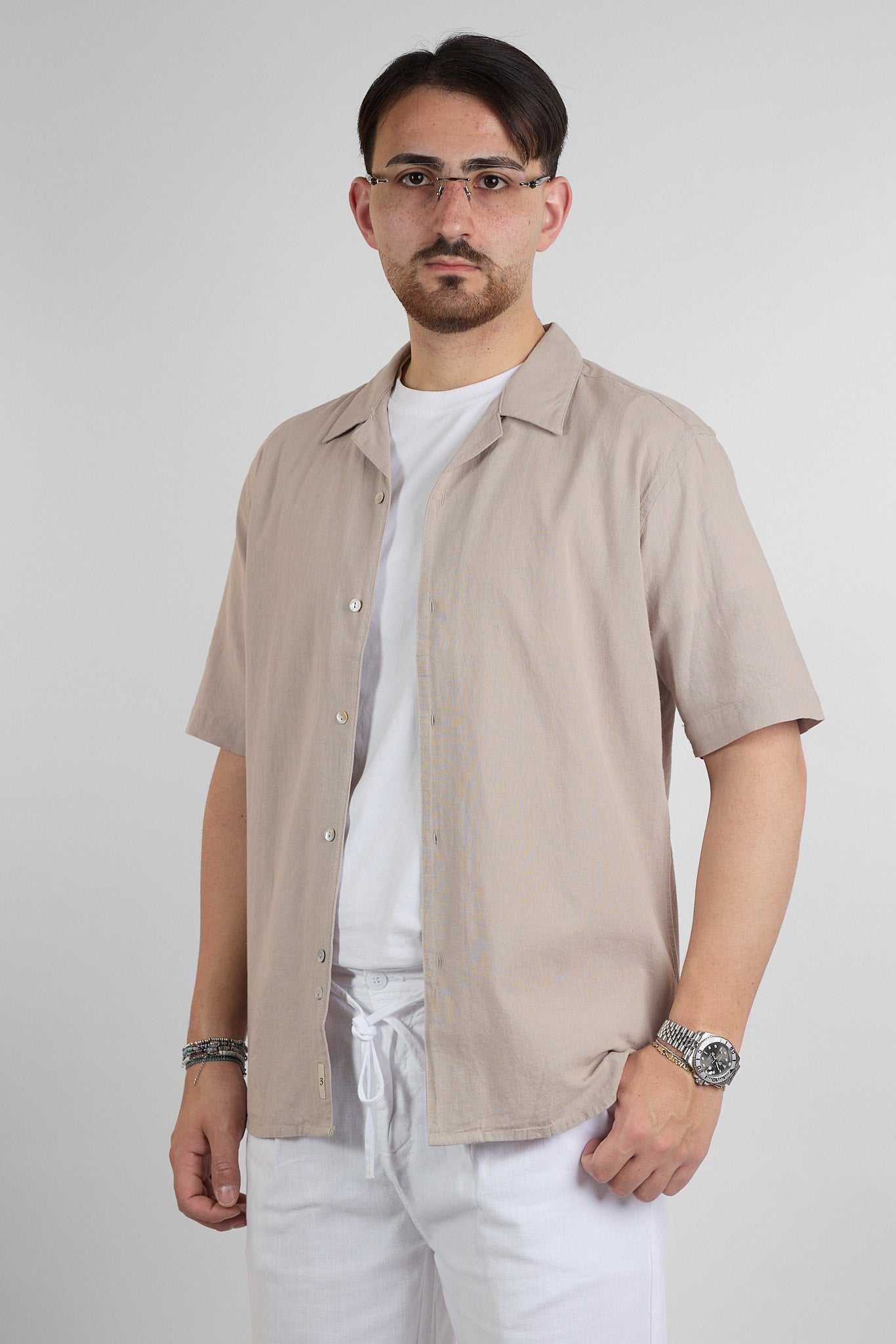 Camicia Mezza Manica Bowling Misto Lino | Beige