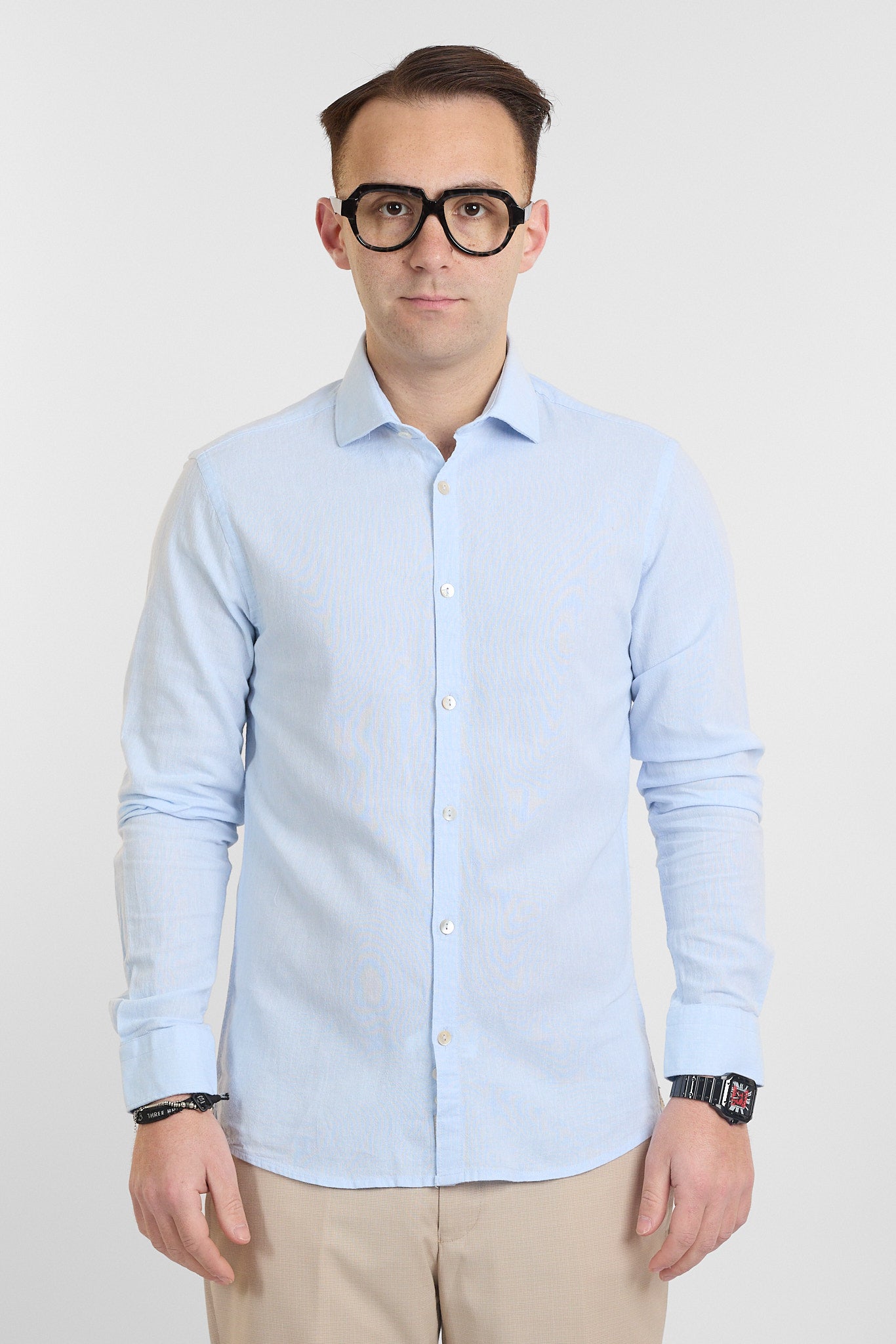 Camicia Linen Blend Slim Basic | Celeste Chiaro 57