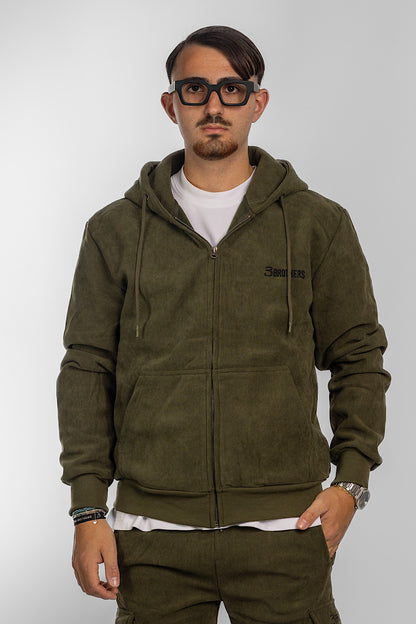 Velvet Sweatshirt with Zip and Hood | Military green