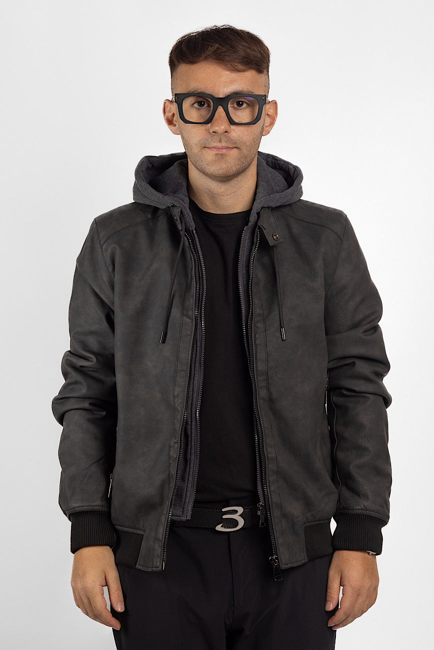 Faux Leather Bomber with Removable Hood | Black