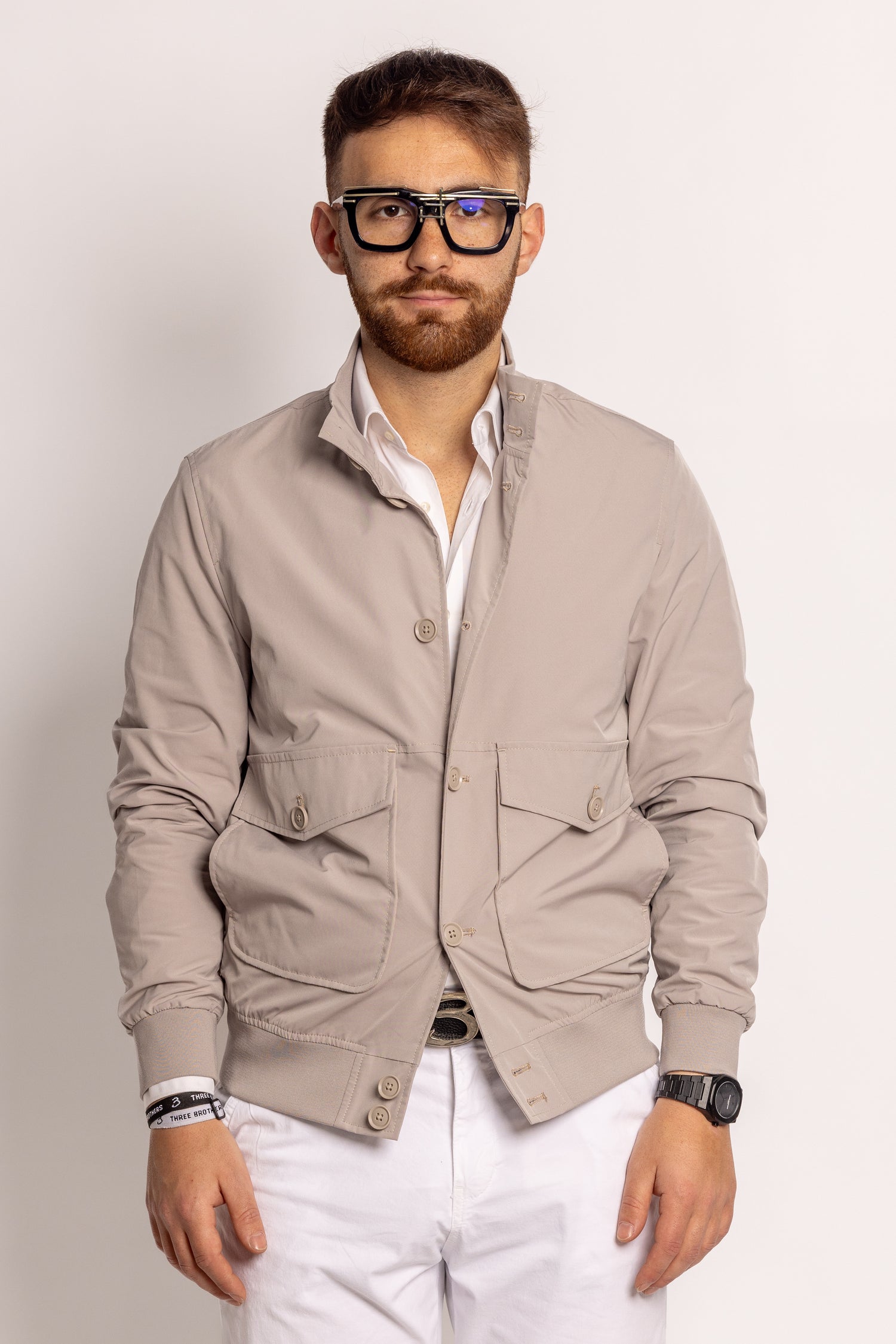 Multi-pocket bomber jacket in technical fabric | Sand