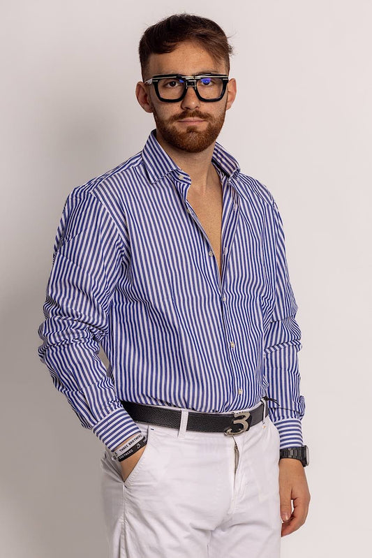 Camisa Rayas Anchas Semi Slim 100% Algodón | Azul