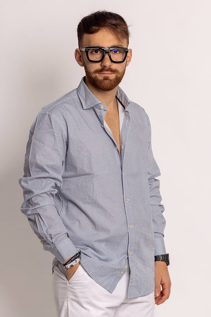 Camisa Estampada Semi Slim 100% Algodón | Ojo de perdiz gris azul