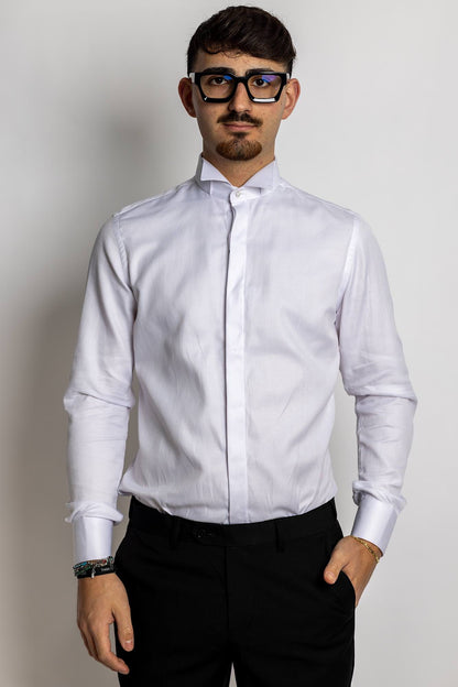 Camisa slim fit de nido de abeja con cuello diplomático | Blanca | Adecuado para gemelos