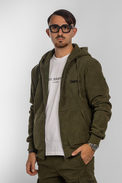 Velvet Sweatshirt with Zip and Hood | Military green