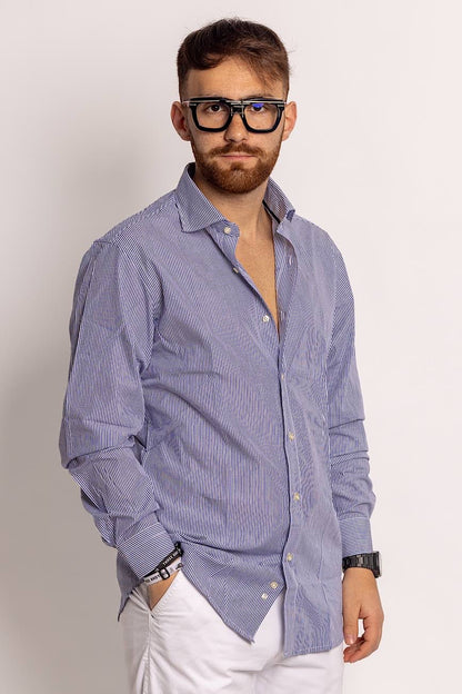 Camicia 100% Cotone Semi Slim Rigata Stretta | Blu