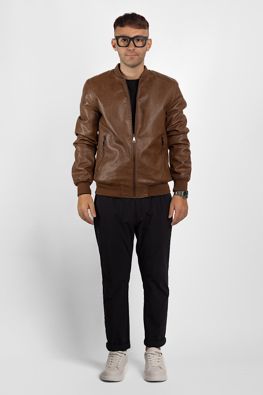 Padded Faux Leather Bomber | Brown