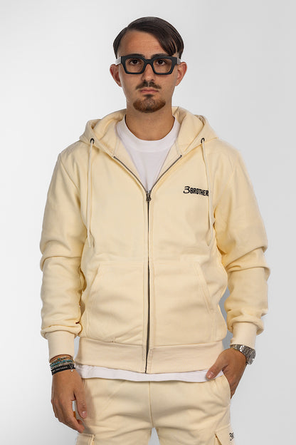 Velvet Sweatshirt with Zip and Hood | Cream