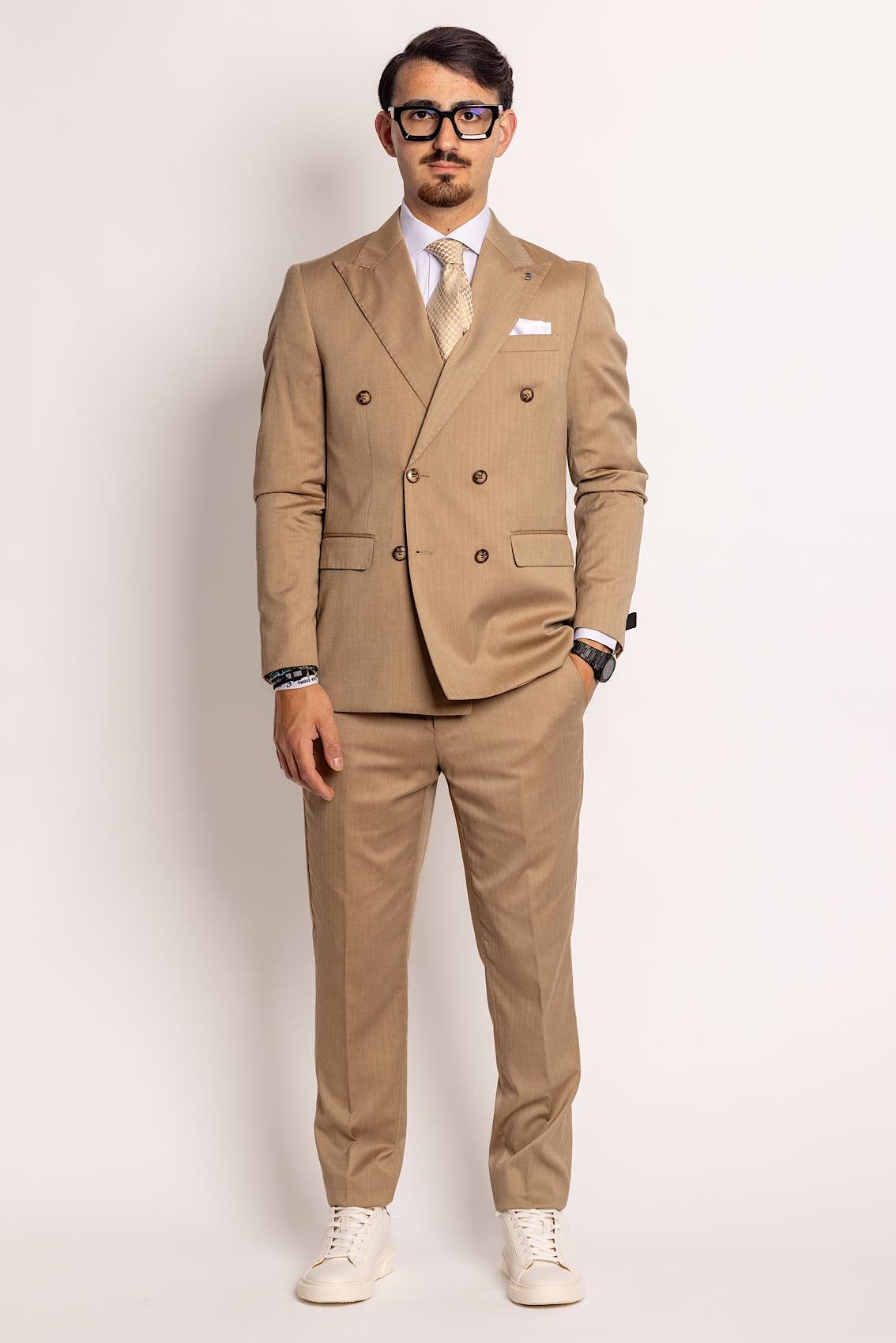 Matching Double-Breasted Pinstripe Suit | Beige