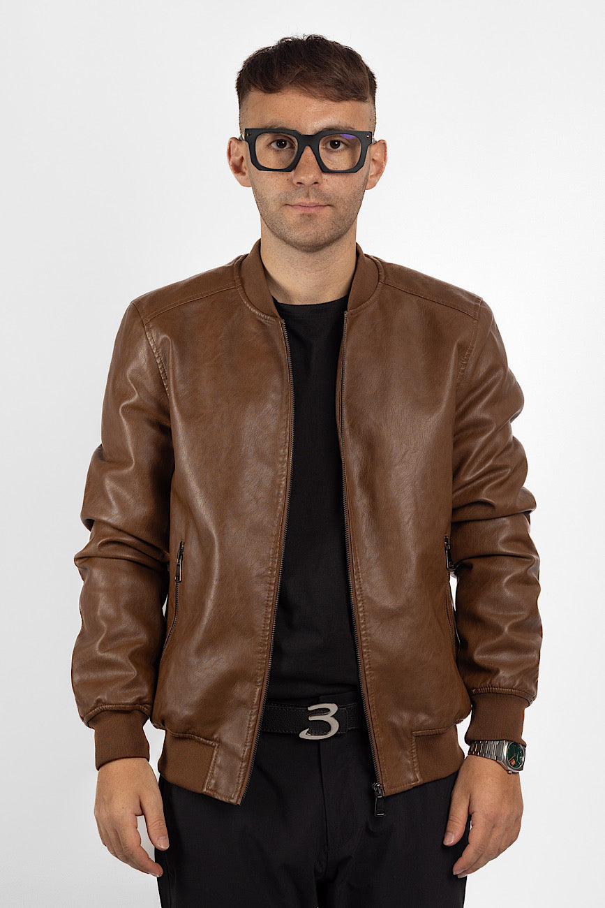 Padded Faux Leather Bomber | Brown