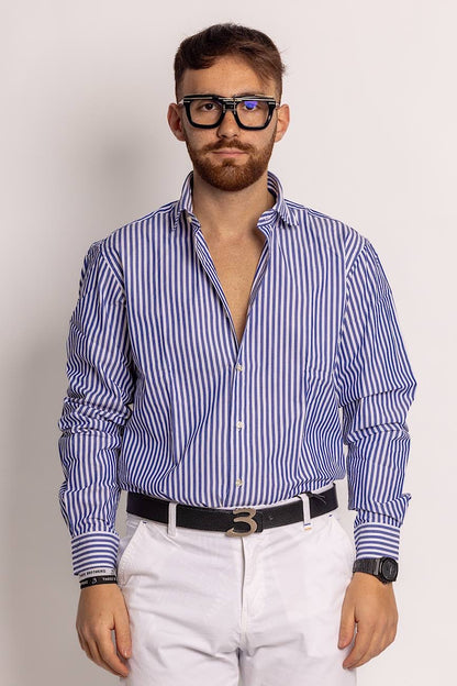 100% Cotton Semi Slim Wide Striped Shirt | Blue