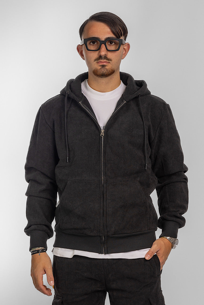 Velvet Sweatshirt with Zip and Hood | Black