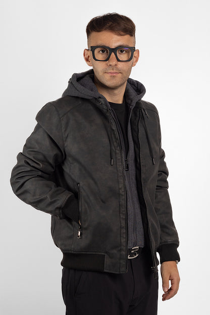 Faux Leather Bomber with Removable Hood | Black