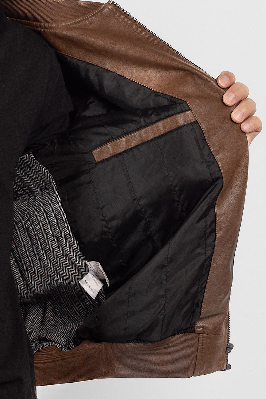 Padded Faux Leather Bomber | Brown