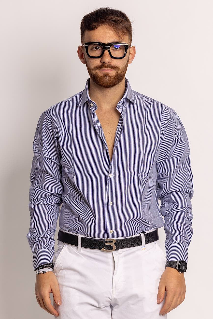 100% Cotton Semi Slim Narrow Striped Shirt | Blue