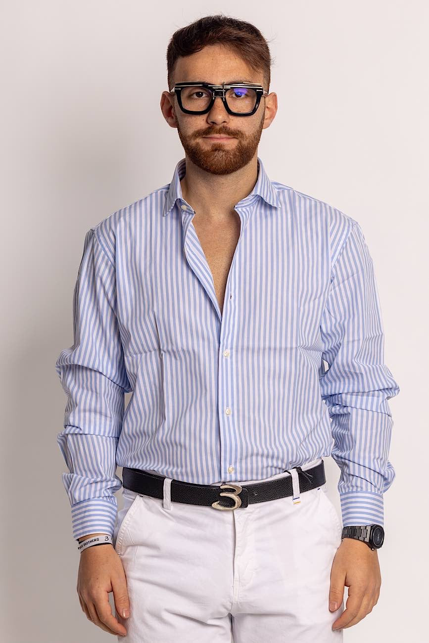 100% Cotton Semi Slim Wide Striped Shirt | Light blue