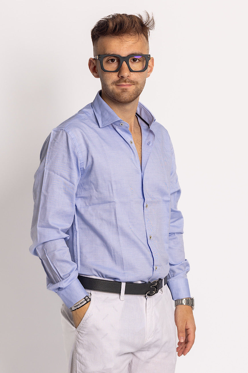 Camicia 100% Cotone Lavorata in Tinta Semi Slim | Celeste