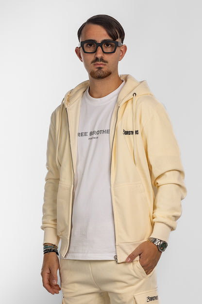 Velvet Sweatshirt with Zip and Hood | Cream