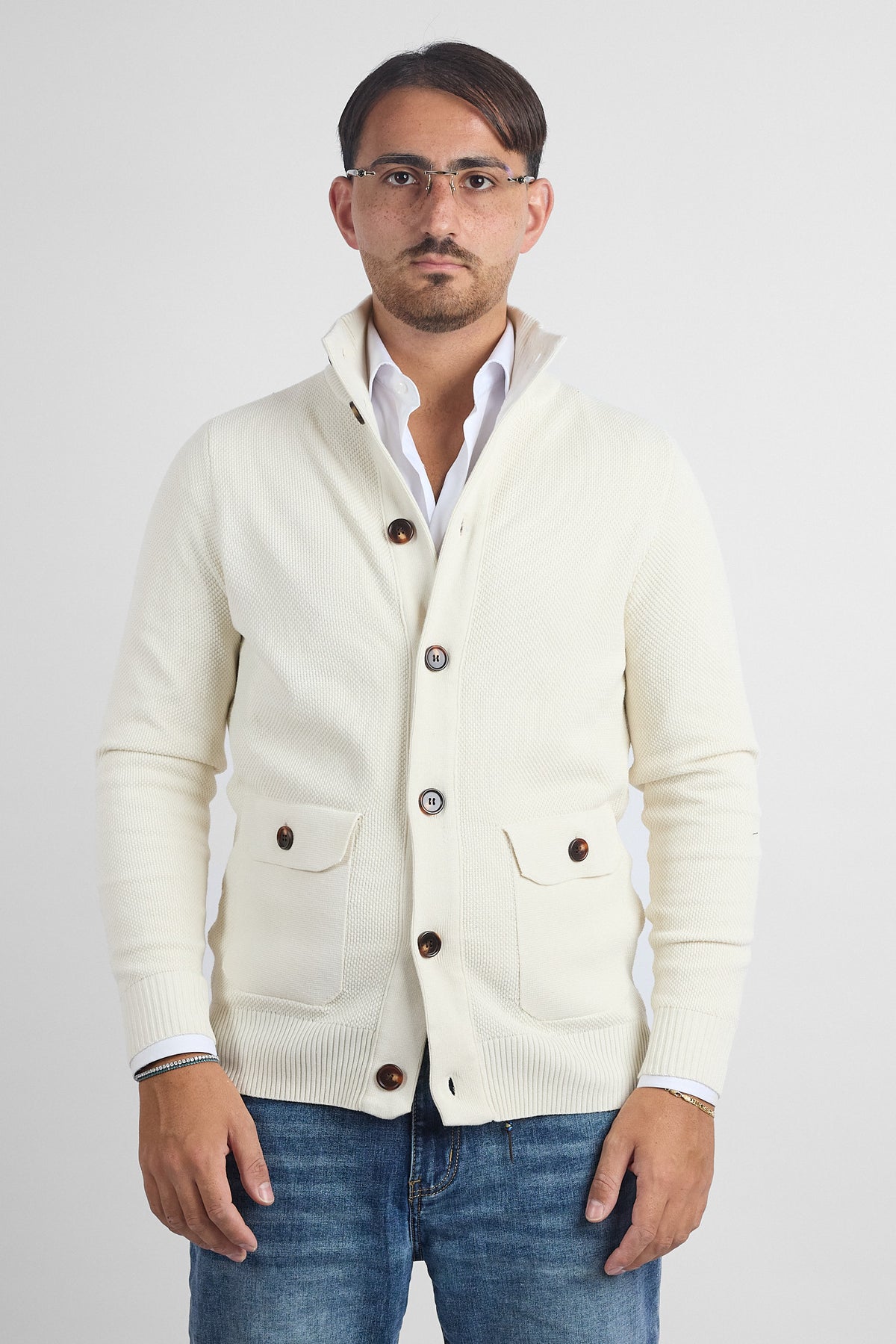 Cardigan Bottoni e Tasche Nido D'Ape 261460 | Bianco