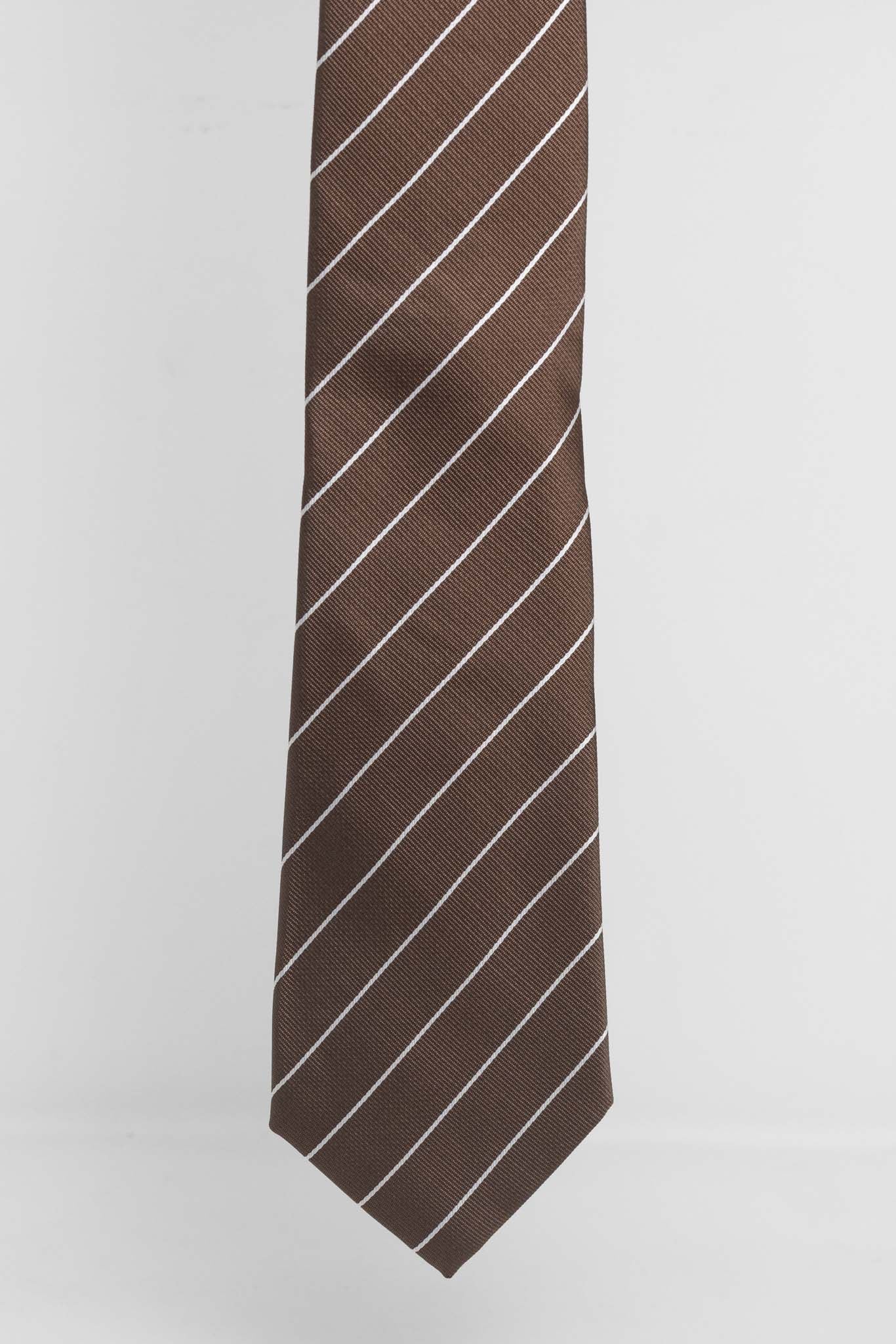 Cravatta Tre Pieghe Regimental Thin Fondo Marrone Riga Bianca | 2 Per €20