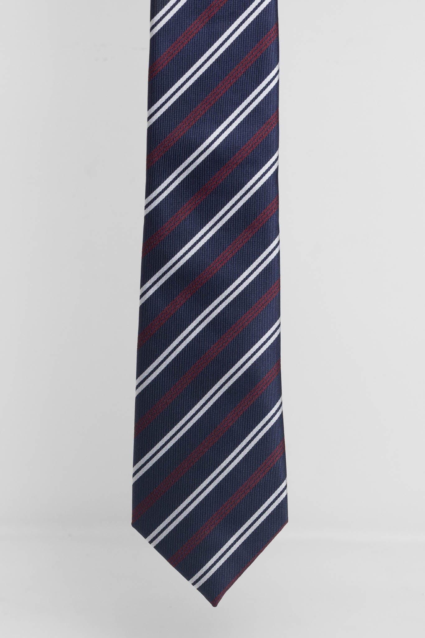 Cravatta Tre Pieghe Regimental Fondo Blu Riga Bianca e Bordeaux | 2 Per €20