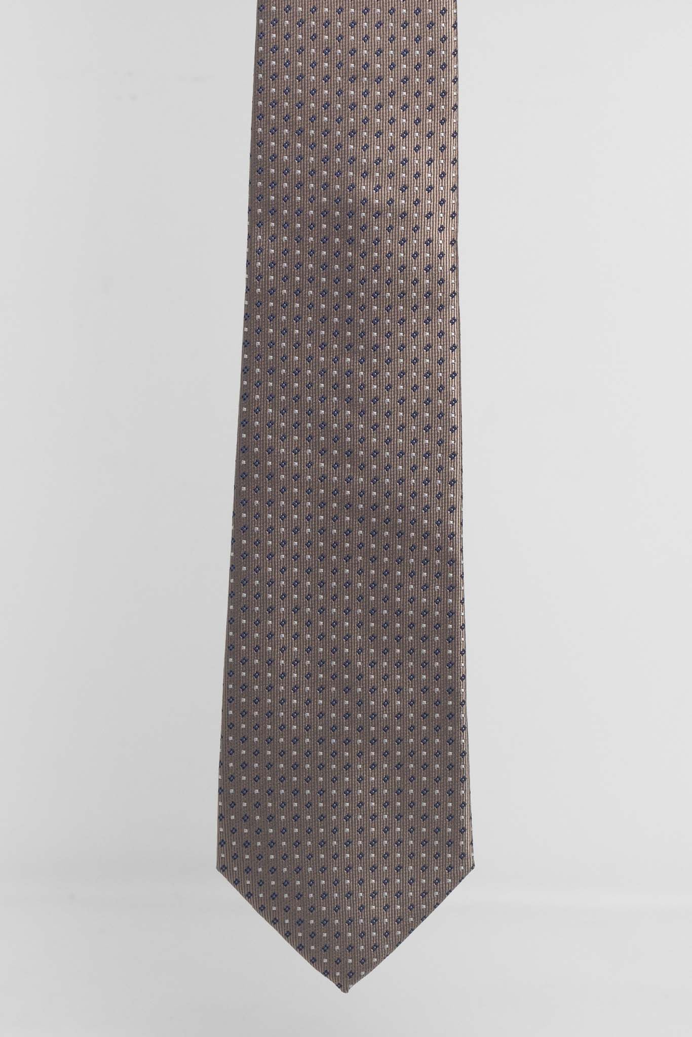 Cravatta Tre Pieghe Rombetti e Pois Biege su Fondo Tortora | 2 Per €20