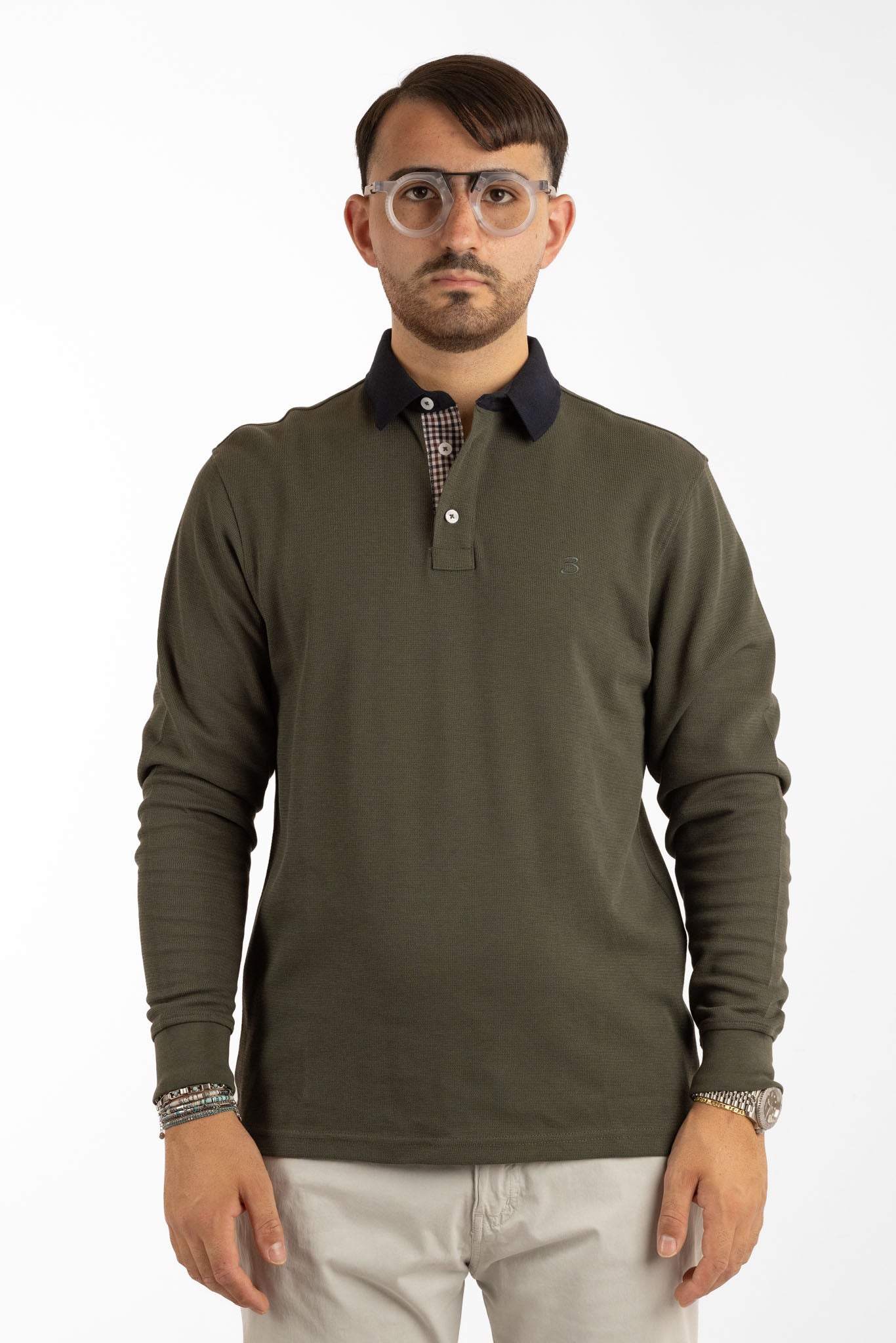 Long-Sleeved Warm Cotton Polo Shirt with Contrast Collar | 2 for €50 | Green