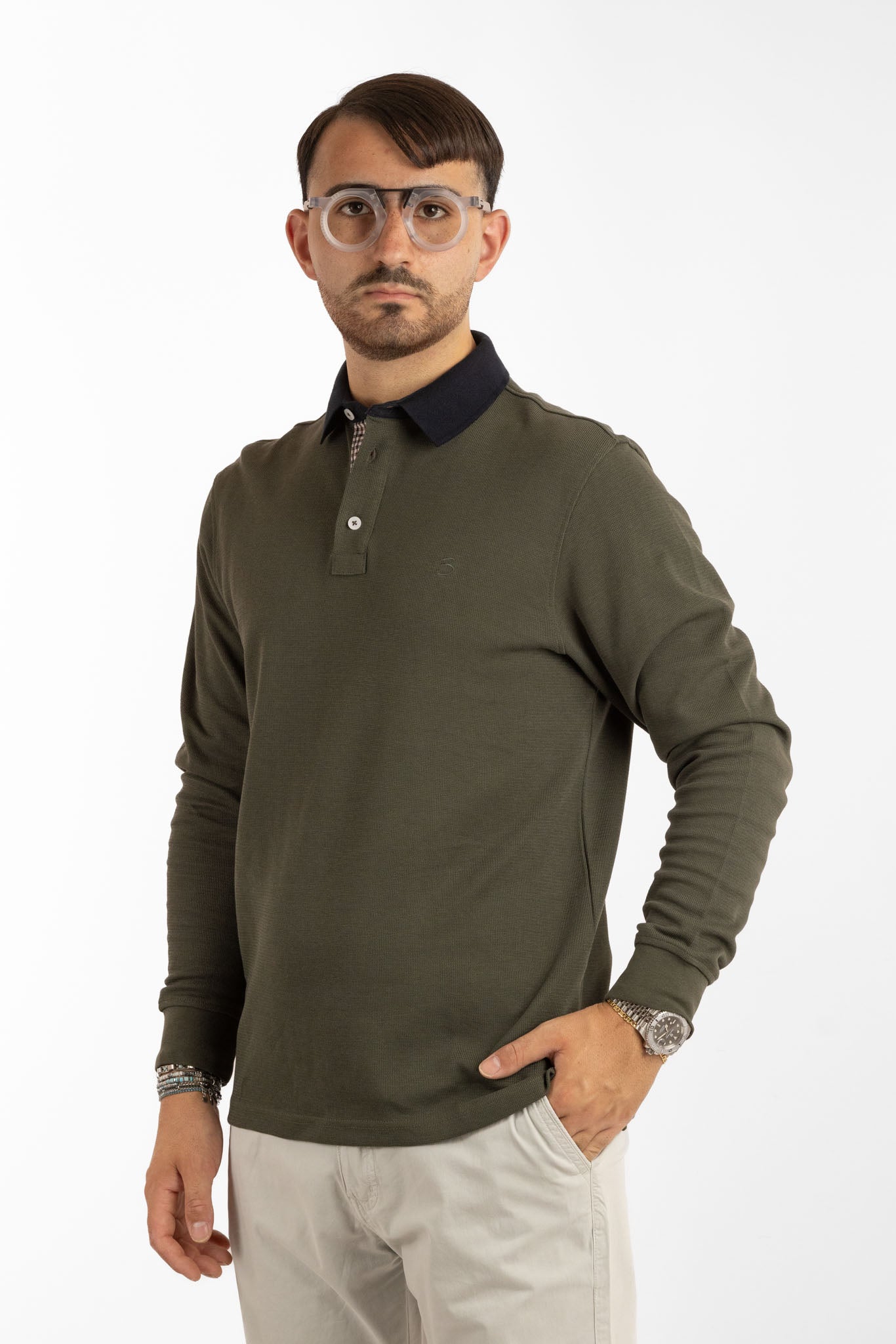 Long-Sleeved Warm Cotton Polo Shirt with Contrast Collar | 2 for €50 | Green