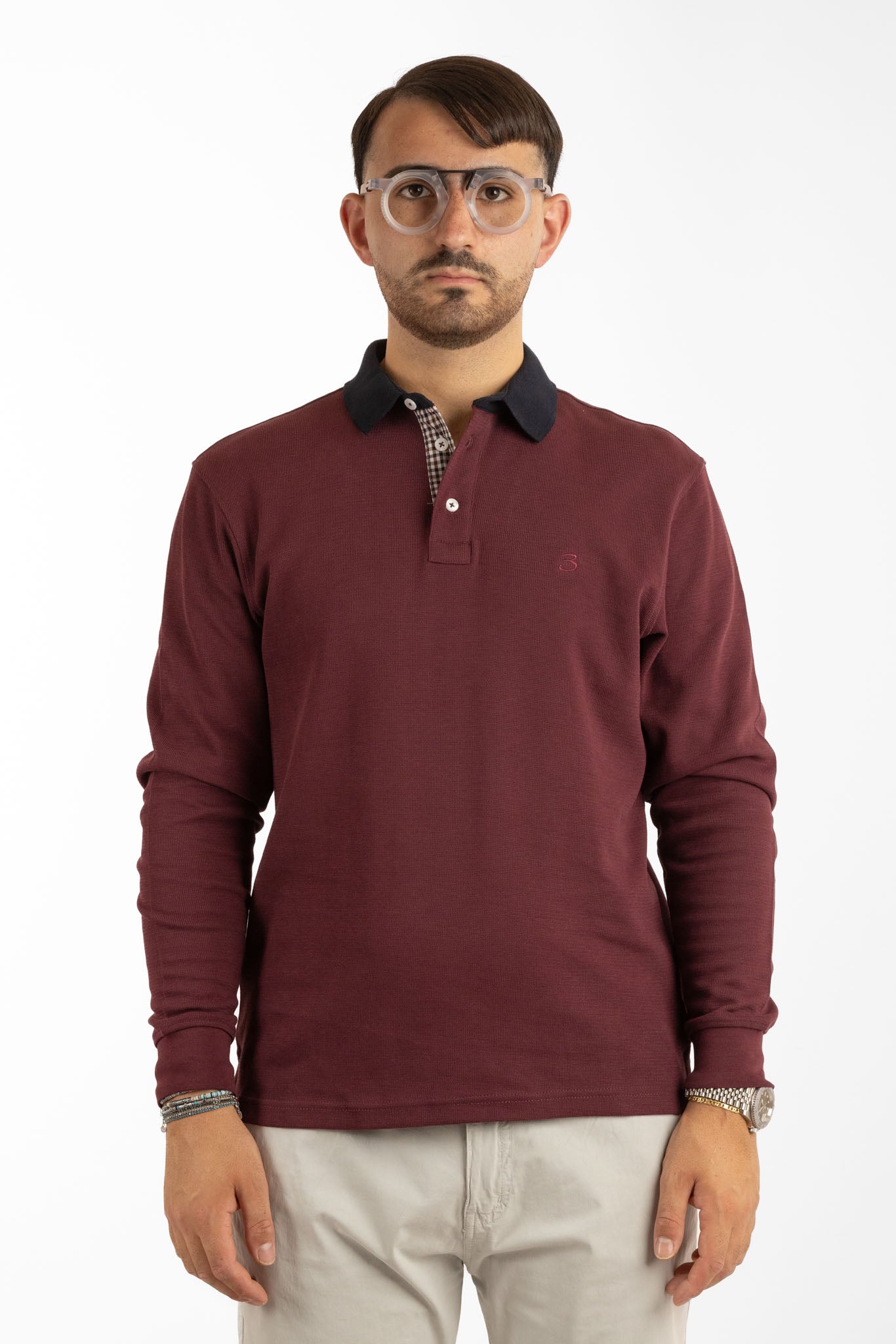 Long-Sleeved Warm Cotton Polo Shirt with Contrast Collar | 2 for €50 | Bordeaux