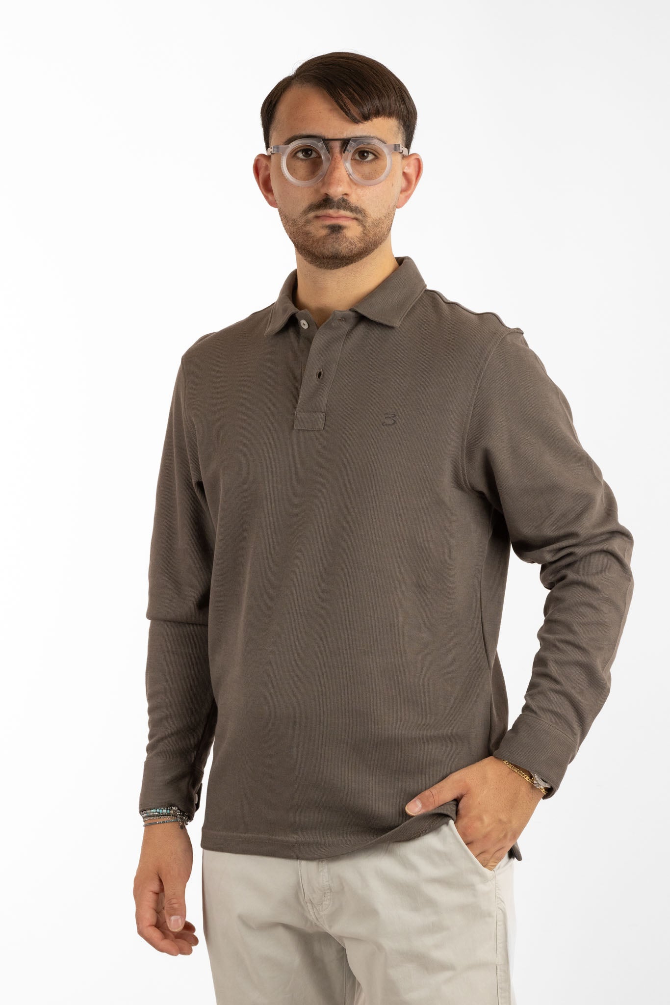 Long-Sleeved Warm Cotton Ribbed Polo | 2 for €50 | Grey