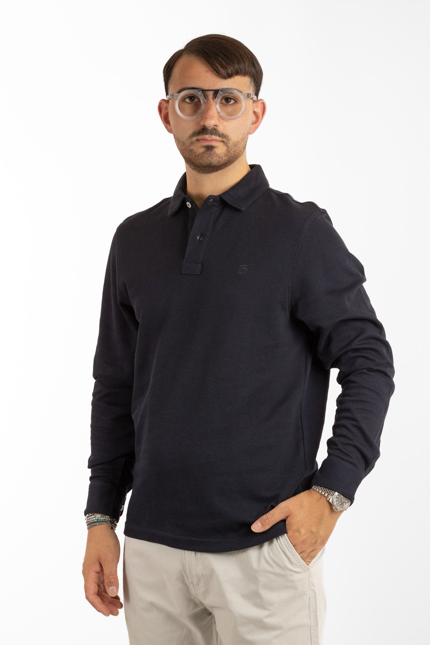 Warm Cotton Ribbed Long-Sleeve Polo | 2 for €50 | Blue