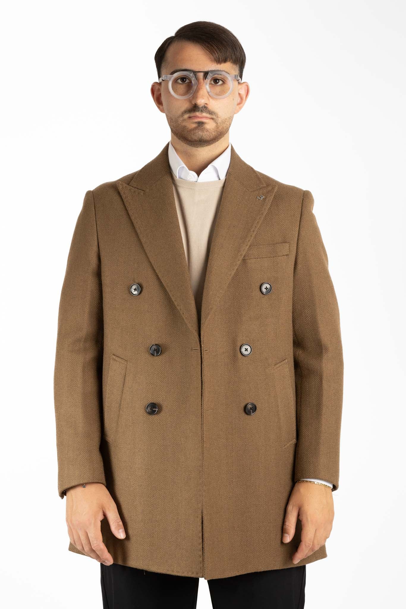 Manteau en tissu à chevrons à double boutonnage | Brun