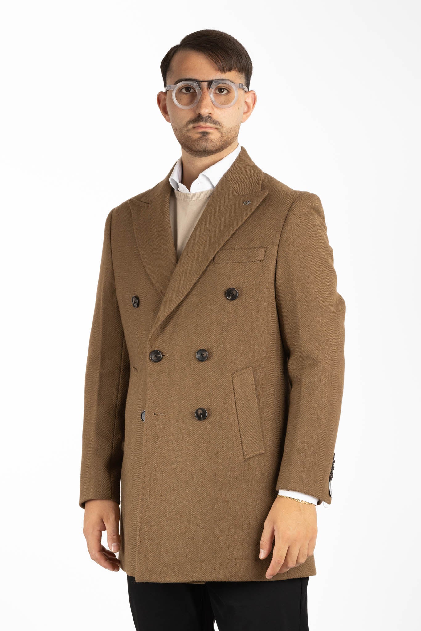 Manteau en tissu à chevrons à double boutonnage | Brun