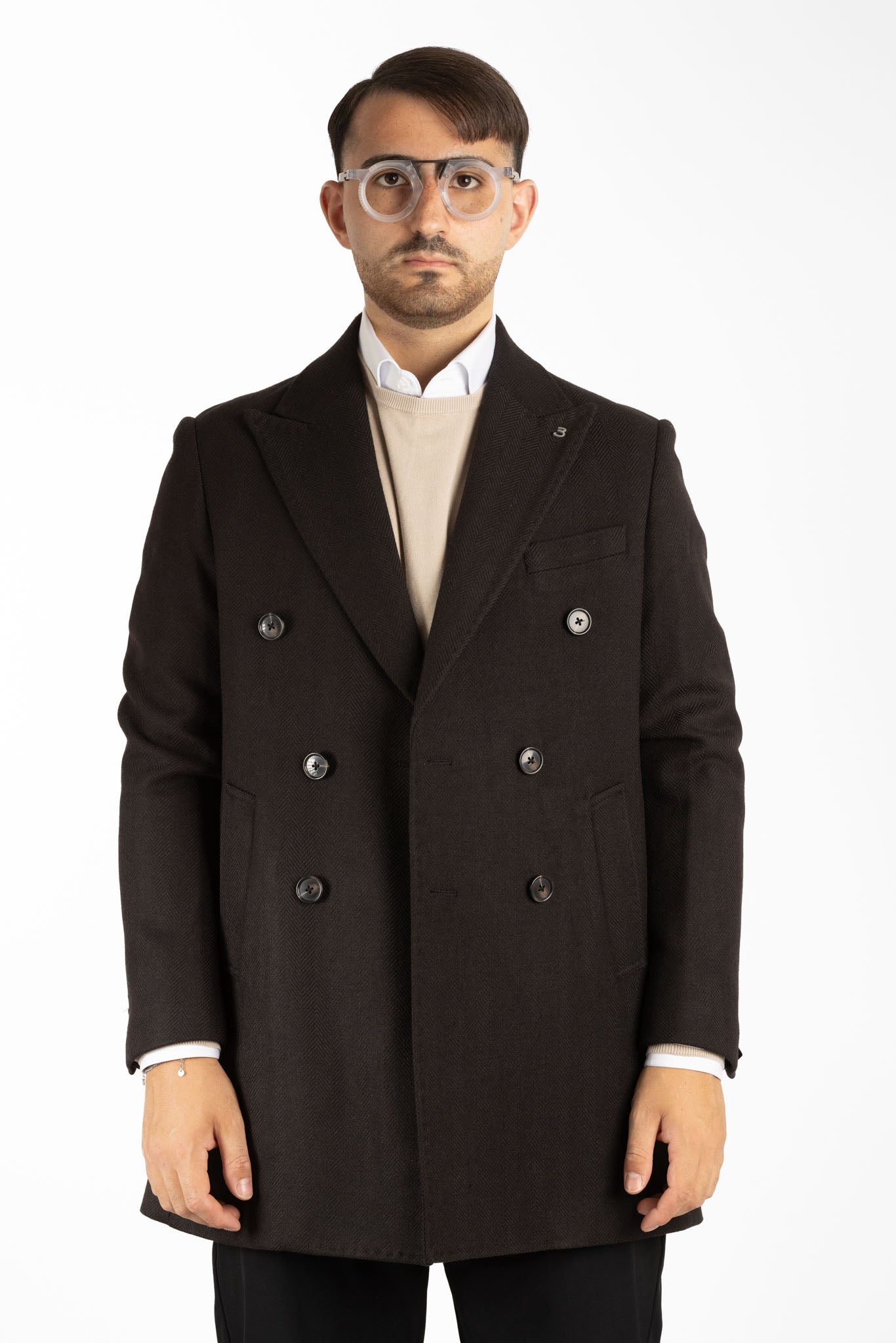 Manteau en tissu à chevrons à double boutonnage | Noir