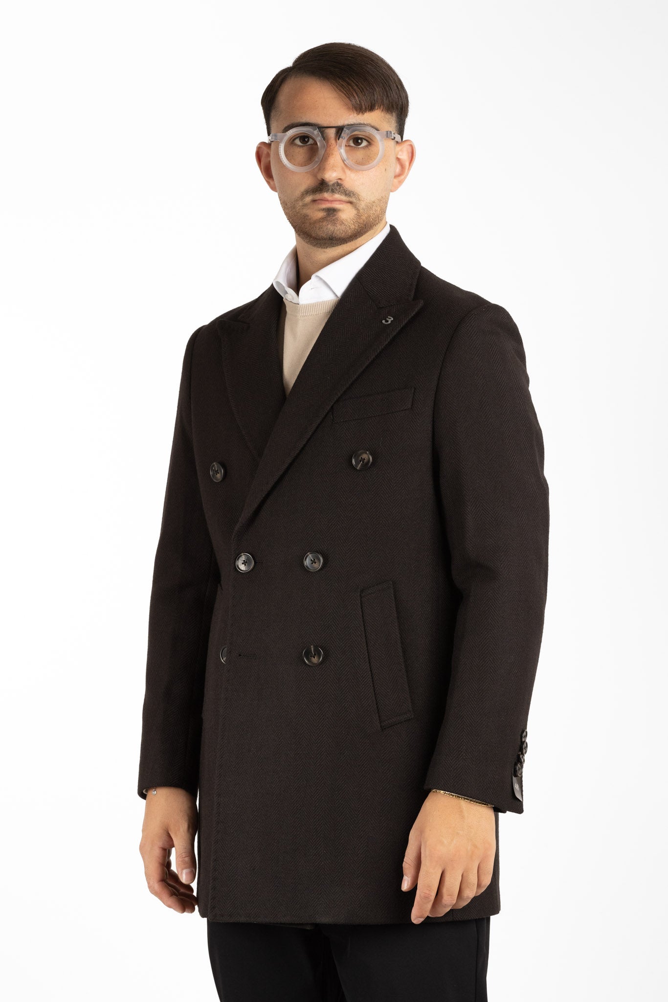 Manteau en tissu à chevrons à double boutonnage | Noir