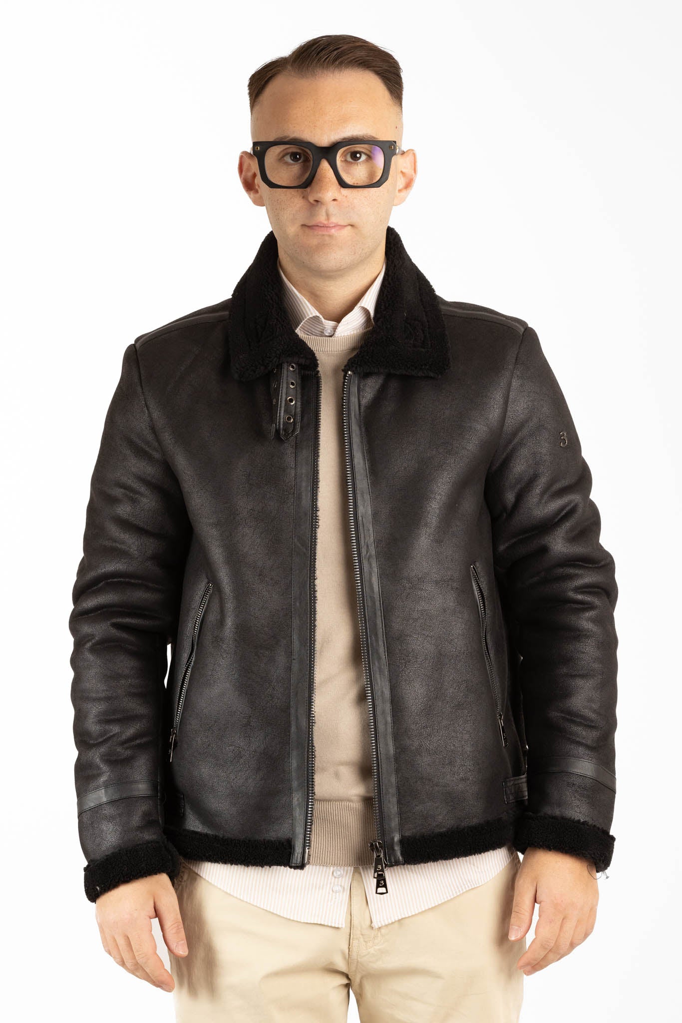 Modèle aviateur en peau de mouton écologique | Noir