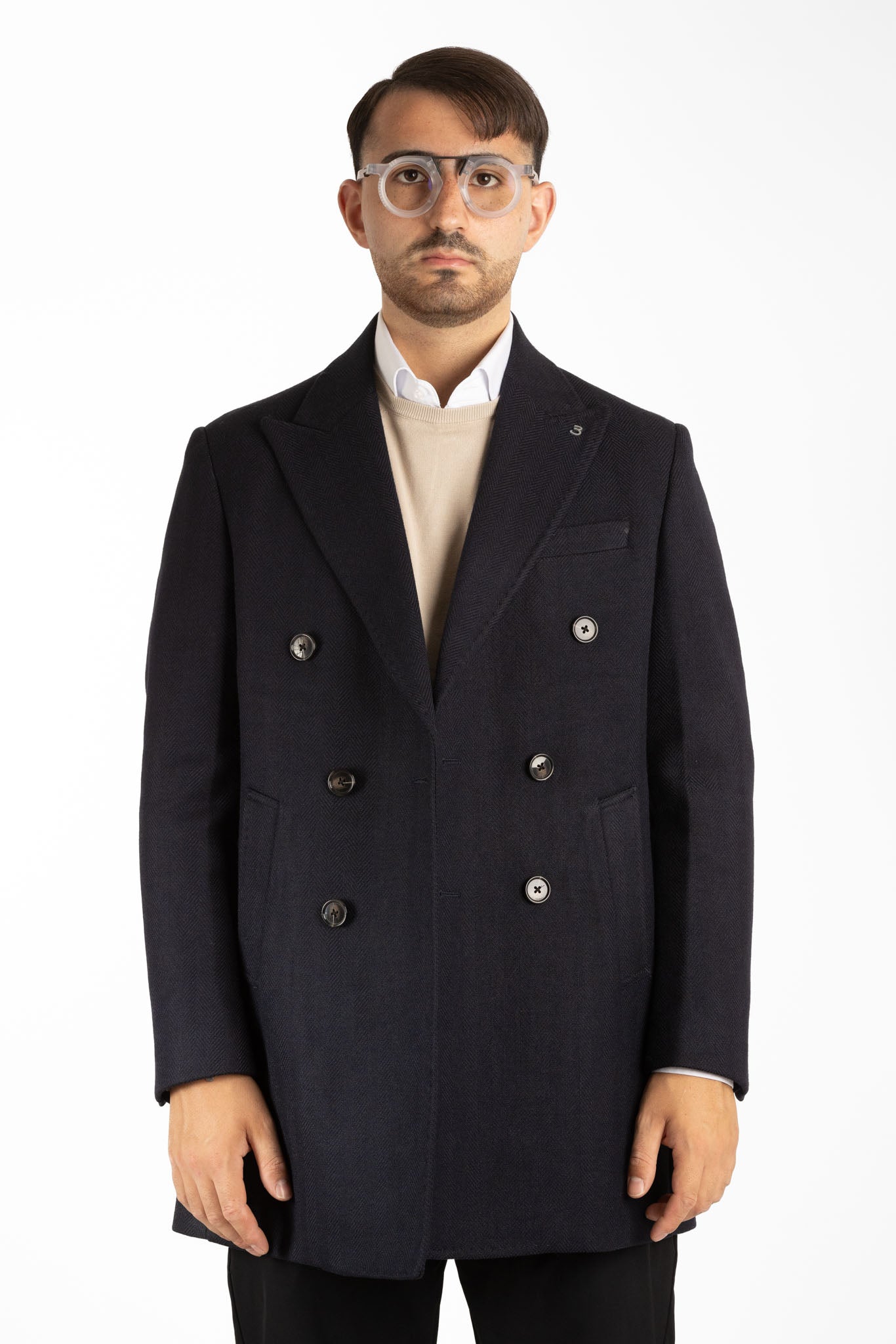 Manteau en tissu à chevrons à double boutonnage | Bleu