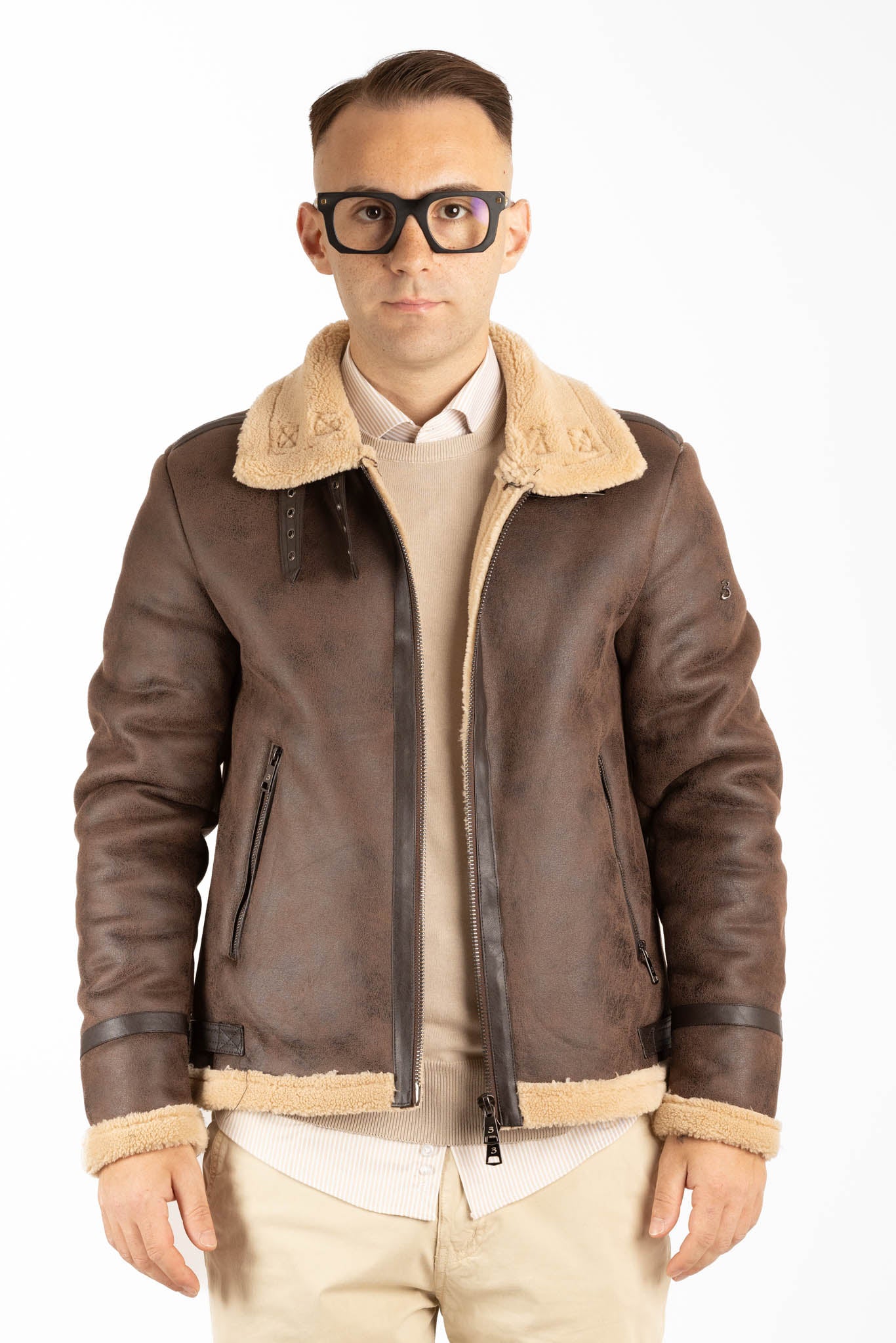 Lunettes de soleil aviateur en peau de mouton écologique | Marron foncé