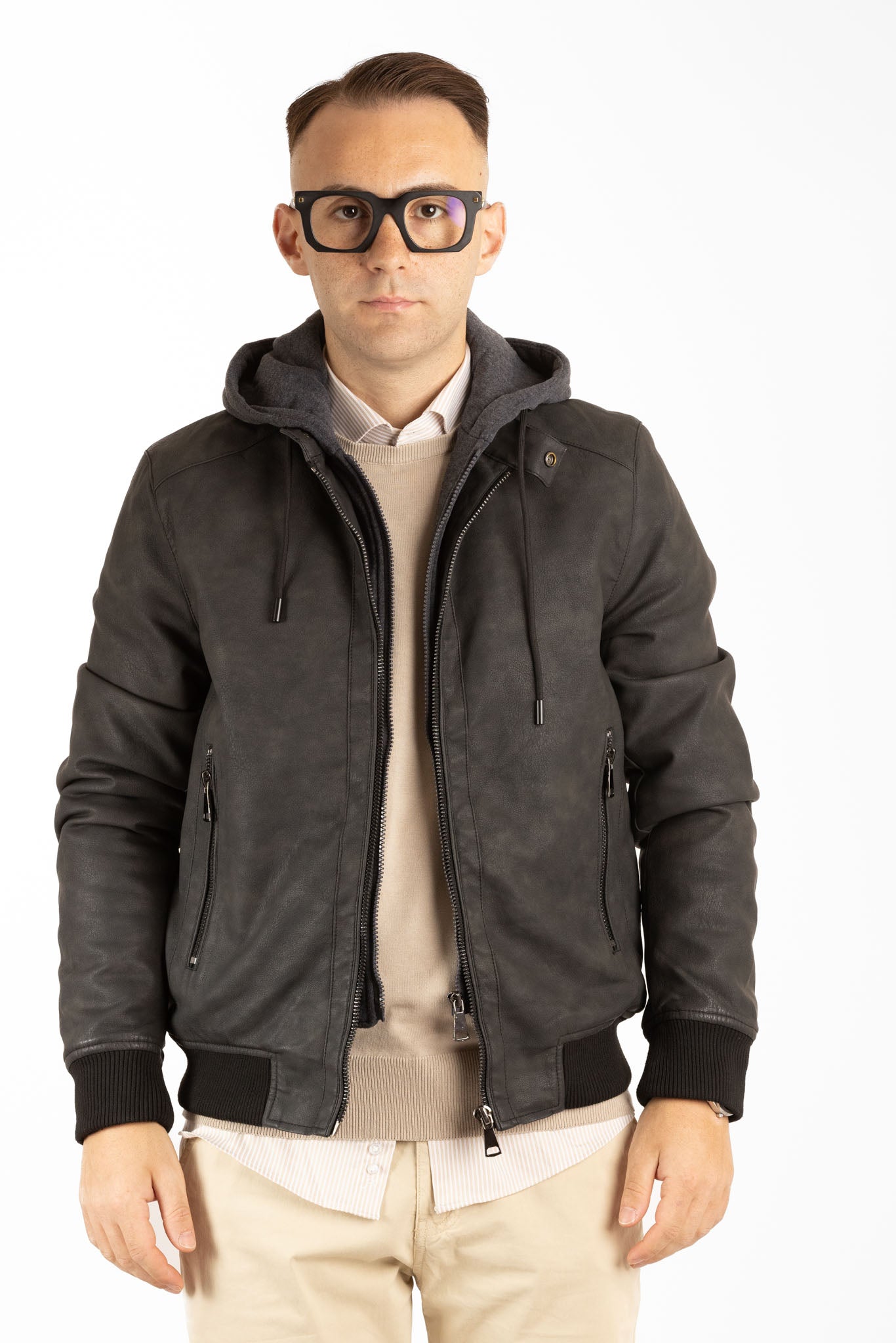 Leatherette Bomber Jacket with Removable Hood | Black